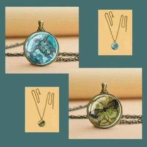 Butterfly  Round Charm Necklace/Turtle Round Pendant Necklace